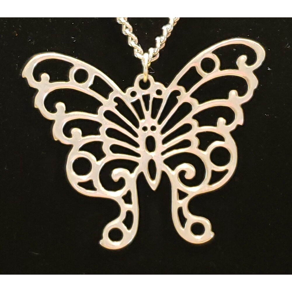 Vintage Reed and Barton Pewter Filigree Butterfly Necklace w/Silver Color Chain